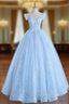 Blue Long Lace Floral Prom Dress, Long Blue Lace Formal Evening Dress with Flowers