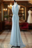 Blue Mermaid Halter Pleats Pearls Prom Dress