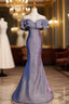 Blue Mermaid Scoop Short Sleeve Beading Prom Dress