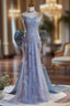 Blue Mermaid Sequins Pearls Prom Dress With Bow