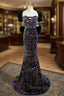 Blue Mermaid Sequins Puff Sleeve Bow Prom Dress