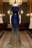 Blue Mermaid Sequins Short Sleeve Belt Prom Dress