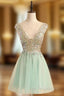 Blue Mini Short Crystal V-neck Dress