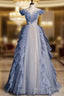 Blue Off Shoulder Tulle Sequin Beading Long Prom Dress, Blue Formal Dress