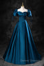 Blue Off the Shoulder Satin Floor Length Prom Dress with Corset, Blue Evening Party Dress