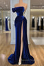 Blue Off-the-Shoulder Velvet Prom Dress Mermaid Long With Split