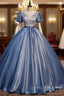 Blue Organza Sequins Puff Sleeve Quinceanera Dress