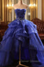 Blue Prom Dress Ruffles Tiered Crystal Beaded Top FormalParty Dress, High Low Prom Dress