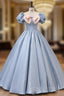 Blue Puff Sleeve Pink Bow Quinceanera Dress