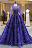 Blue Purple Tulle Beading Long Sleeve Prom Dress