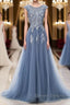 Blue round neck tulle lace applique long prom Dress, blue evening Dress