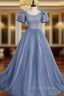 Blue Round Neck Tulle Sequin Beads Long Prom Dress, Blue Evening Dress