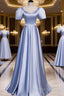Blue Satin Beaded A-Line Long Party Dress, Blue Prom Party Dress Formal Dress