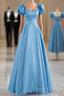 Blue Satin Beaded Floor Length Prom Dress, Blue A-Line Short Sleeve Evening Dress