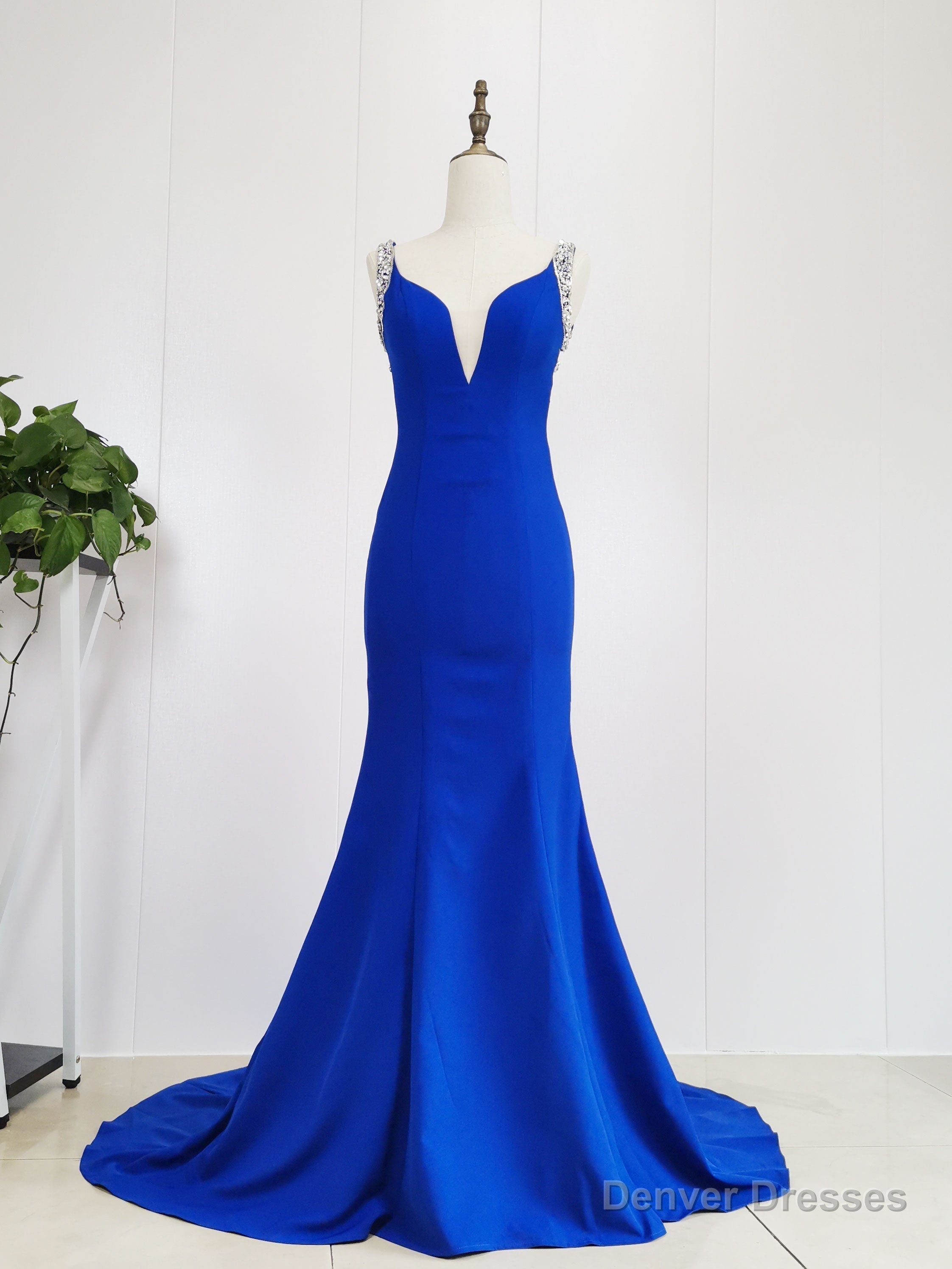 Evening Dress Boutique, Blue Satin Beads Long Mermaid Prom Dress Blue