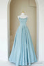Blue Satin Long A-Line Prom Dress, Beautiful Spaghetti Straps Evening Dress