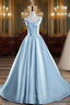 Blue Satin Long Prom Dress, A-Line Spaghetti Strap Evening Party Dress