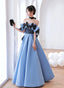 Blue Satin Off Shoulder Black Lace Long Party Dress, A-Line Blue Prom Dress Evening Dress