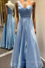 Blue Satin One Shoulder Pleats Prom Dress