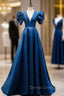Blue Satin Puff Sleeve Backless Prom Dress