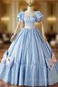 Blue Satin Puff Sleeve Quinceanera Dress With Bow