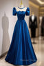 Blue Satin See Through Neck Short Sleeve Prom Dress