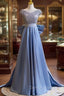 Blue Satin Sequins V-neck Prom Dress