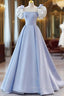 Blue Satin Short Sleeves with Bow Lace-up Party Dress, Blue Prom Dress