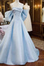 Blue Satin Spaghetti Strap Long Prom Dress With Big Bow, Blue A-Line Evening Party Dress