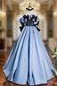 Blue Satin Strapless Bow Prom Dress
