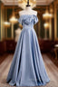 Blue Satin Strapless Pearls Long Prom Dress