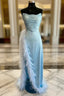 Blue Satin Strapless Pleats Feather Prom Dress