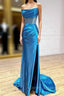 Blue Satin Strapless Pleats Split Prom Dress