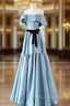 Blue Satin Strapless Prom Dress With Belt
