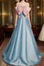 Blue Satin Strapless Prom Dress With Pink Bow