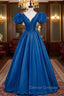 Blue Satin V-neck Puff Sleeve Backless Prom Dress