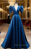 Blue Satin V-neckline Short Sleeves Party Dress Blue A-line Evening Dress prom Dress shops