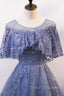 Blue Scoop Neckline Tulle Long Prom Dress, Shiny A-Line Formal Evening Dress