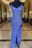 Blue Sequins Criss Cross Back Prom Dress