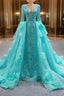Blue Sequins Long Sleeve Pearls Prom Dress With Detachable Train