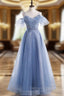 Blue Sequins Spaghetti Straps Beading Prom Dress