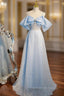 Blue Sequins Straps Bow Prom Dress