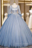 Blue Sequins Tulle Long Sleeve Quinceanera Dress