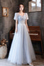 Blue Shiny Tulle Long A-Line Prom Dress, Blue Short Sleeve Evening Dress