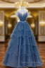 Blue Shiny Tulle Long Beaded A-line Prom Dress, Blue Floor Length Party Dress