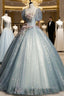 Blue Shiny Tulle Long Prom Dress with Sequins, A-Line Short Sleeve Party Dress