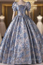 Blue Short Sleee Print Pearls Quinceanera Dress