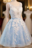 Blue Simple Tulle Homecoming Dress Lace Applique, Baby Blue Sash Backless A Line Knee Length Formal Dress