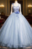 Blue Spaghetti Strap Tulle Floor Length Prom Dress, Pretty A-Line Evening Party Dress