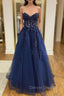 Blue Strapless Lace Long Prom Dress, A-Line Evening Dress Party Dress